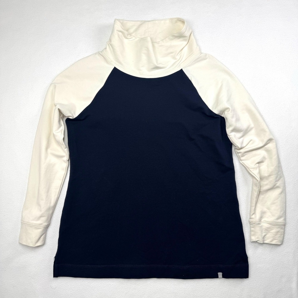 T by Talbots Womens Funnel Neck Raglan Top Navy Blue Cream Pima Cotton Medium P